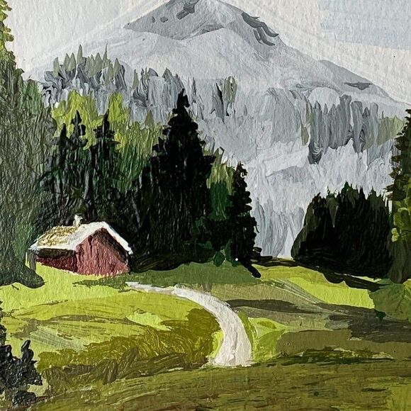 Original Painting Landscape Mountain Cabin Pine Trees Impressionist Signed 5x7 - Picture 2 of 4